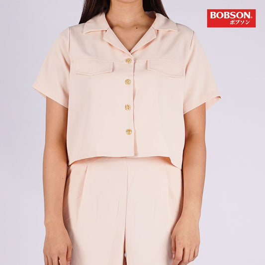 Bobson Japanese Ladies Basic Button Down Woven Shirt Boxy Fit 158282 (Coral)