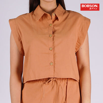 Bobson Japanese Ladies Basic Woven Shirt Boxy Fit 155986 (Brown)