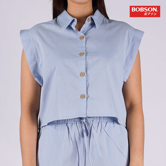 Bobson Japanese Ladies Basic Woven Shirt Boxy Fit 155986 (Blue)