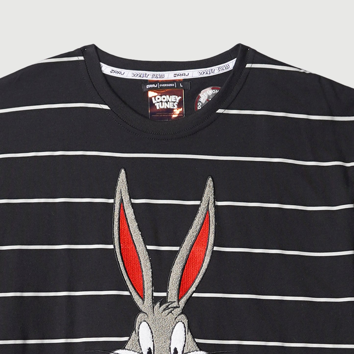 RRJ X Looney Tunes Stripes Graphic Tees for Men Oversized Fitting With Stripes Shirt Cotton Fabric Comfortable to Wear Fashionable Trendy fashion Short Sleeve Round Neck Top Tee Shirts for Men 132328 (Black)