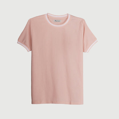 RRJ Basic Tees for Ladies Regular Fitting Ribbed Fabric Trendy fashion Casual Top Pink Tees for Ladies 138187 (Pink)