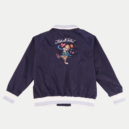 RRJ X Looney Tunes Lola Bunny Bomber Jacket for Ladies Relaxed Fitting Nylon Fabric Trendy fashion Casual Top Navy Blue Jacket for Ladies 131878 (Navy Blue)