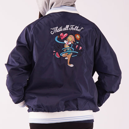 RRJ X Looney Tunes Lola Bunny Bomber Jacket for Ladies Relaxed Fitting Nylon Fabric Trendy fashion Casual Top Navy Blue Jacket for Ladies 131878 (Navy Blue)