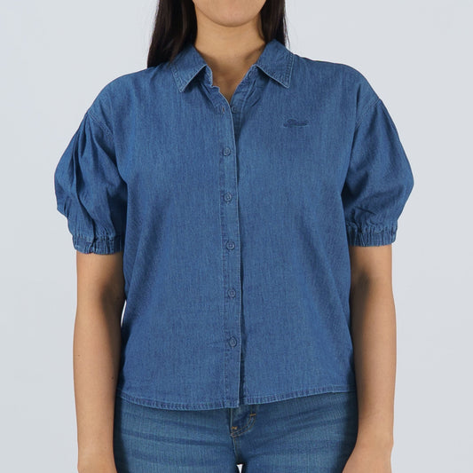 Petrol Ladies' Modified Woven Boxy Fitting Blouse Chambray Fabric Trendy fashion Casual Top Medium Wash Woven Blouse for Ladies 130907 (Medium Wash)