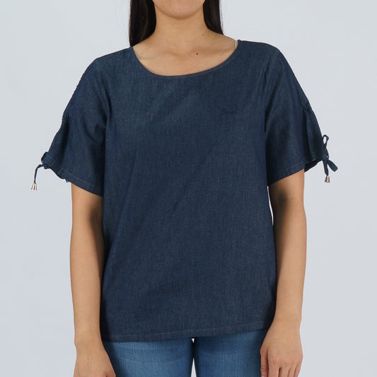 Petrol Ladies' Modified Woven Regular Fitting Blouse Chambray Fabric Trendy fashion Casual Top Dark Wash Woven Blouse for Ladies 130946 (Dark Wash)