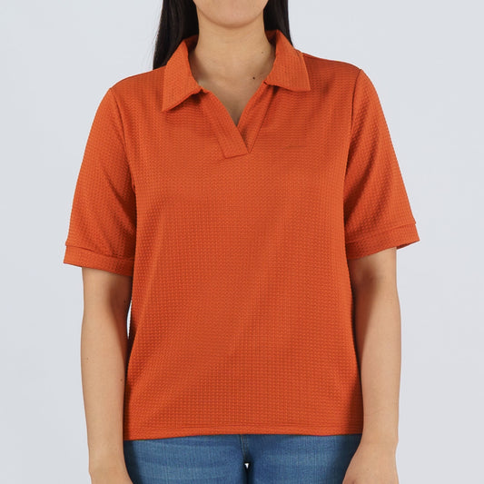 Petrol Basic Collared Shirt for Ladies Boxy Fitting Special Fabric Trendy fashion Casual Top Rust Polo shirt for Ladies 131240 (Rust)