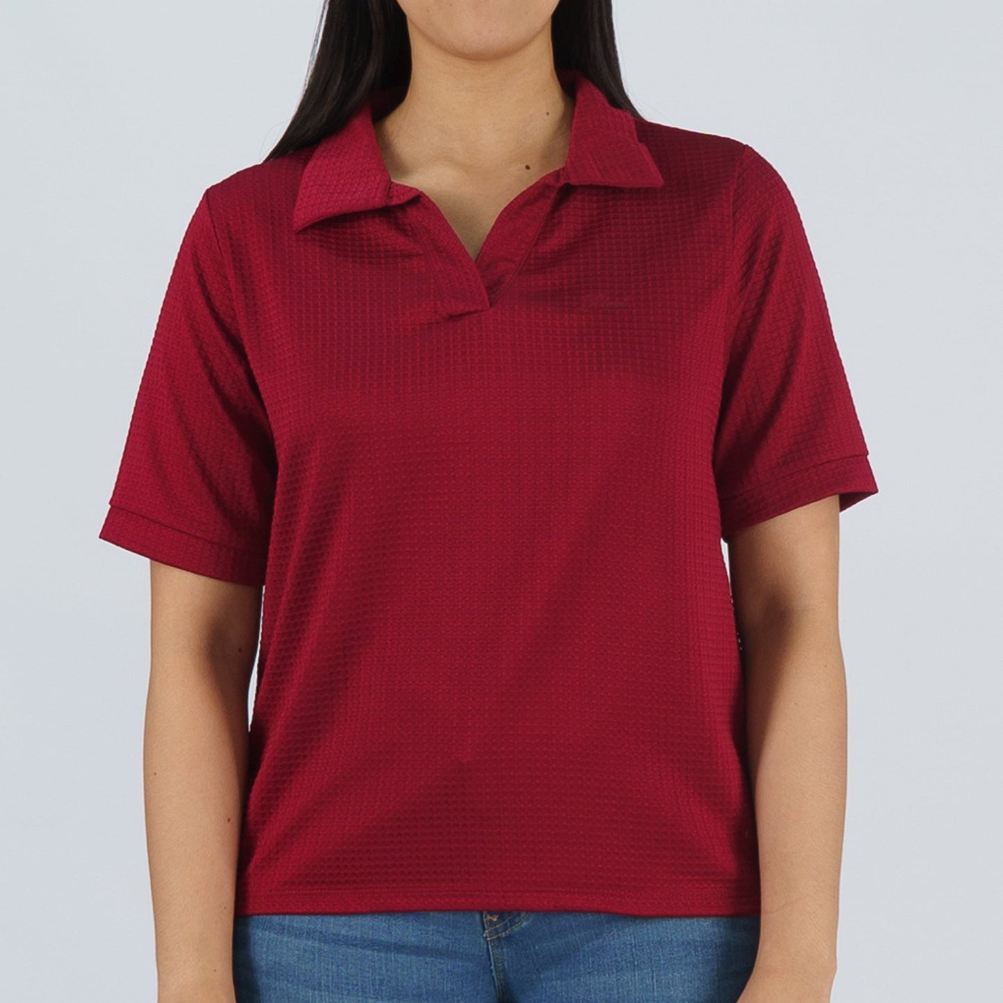 Petrol Basic Collared Shirt for Ladies Boxy Fitting Special Fabric Trendy fashion Casual Top Crimson Polo shirt for Ladies 131240 (Crimson)