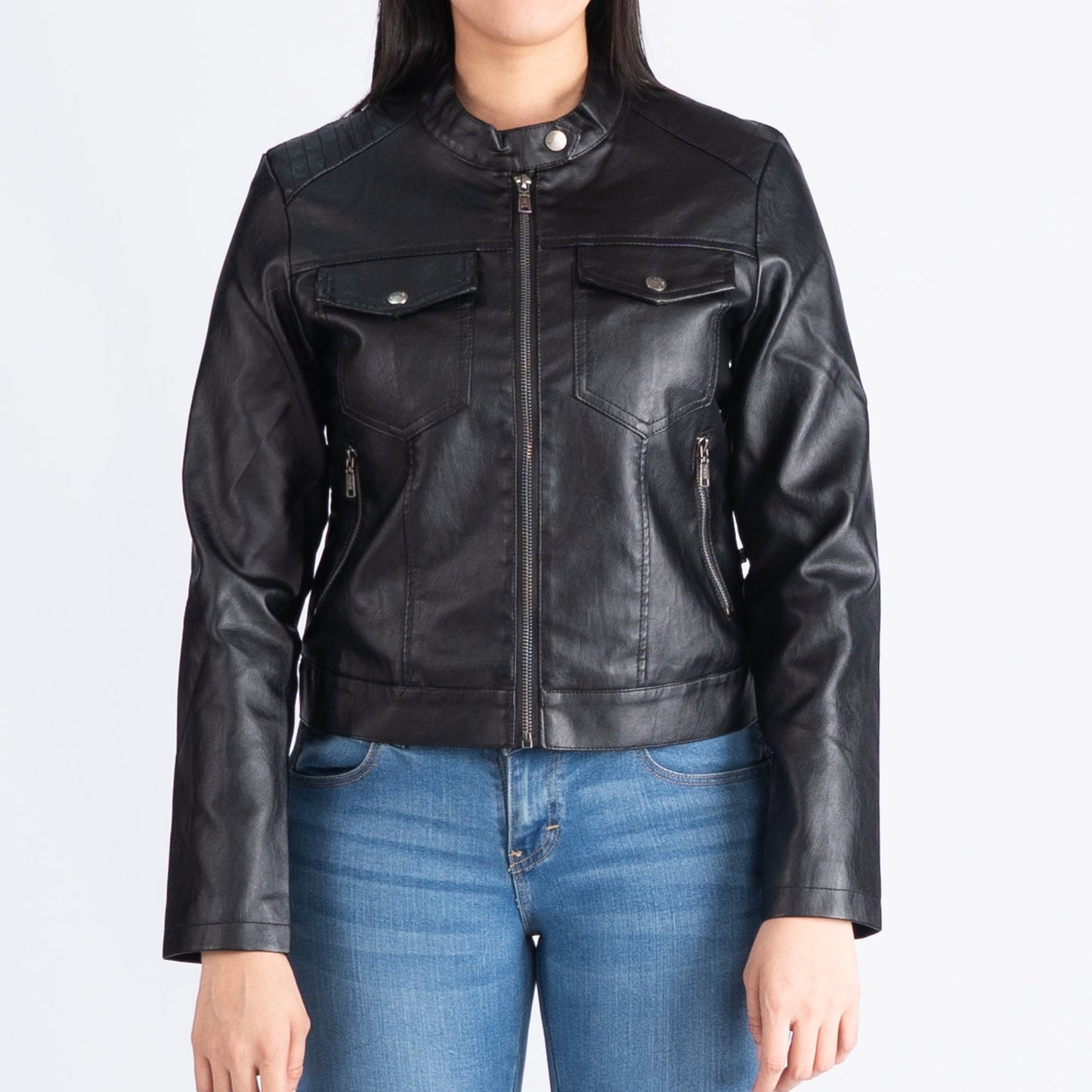 RRJ Basic Leather Jacket for Ladies with Zipper Trendy Fashion High Quality Apparel Comfortable Casual Jacket for Ladies Regular Fitting 132486 (Black)