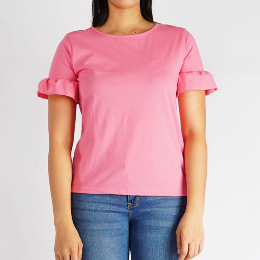 RRJ Basic Tees for Ladies Slim Fitting Ribbed Fabric Trendy fashion Casual Top Pink Tees for Ladies 141023 (Pink)