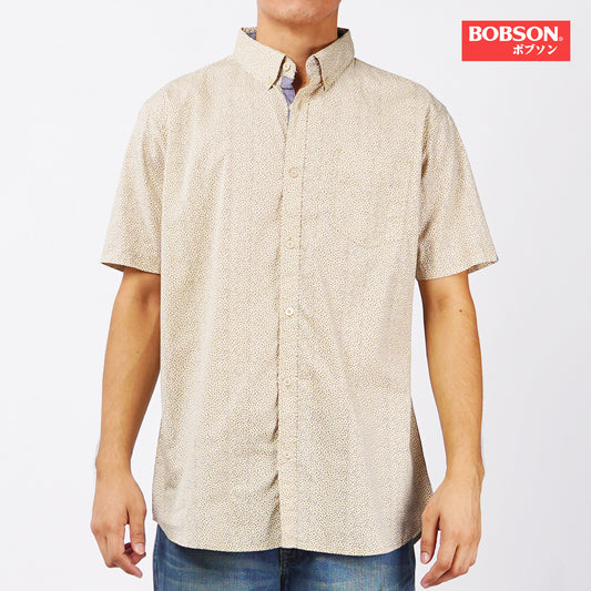 Bobson Japanese Men's Basic Woven Button Down Short Sleeve Shirt for Men Trendy Fashion High Quality Apparel Comfortable Casual Polo for Men Slim Fit 154729 (Beige)