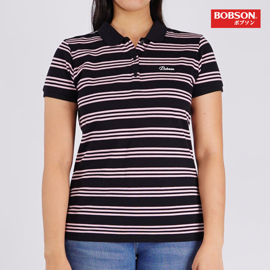 Bobson Japanese Ladies Basic Striped Collared Shirt Regular Fit 133035 (Black)