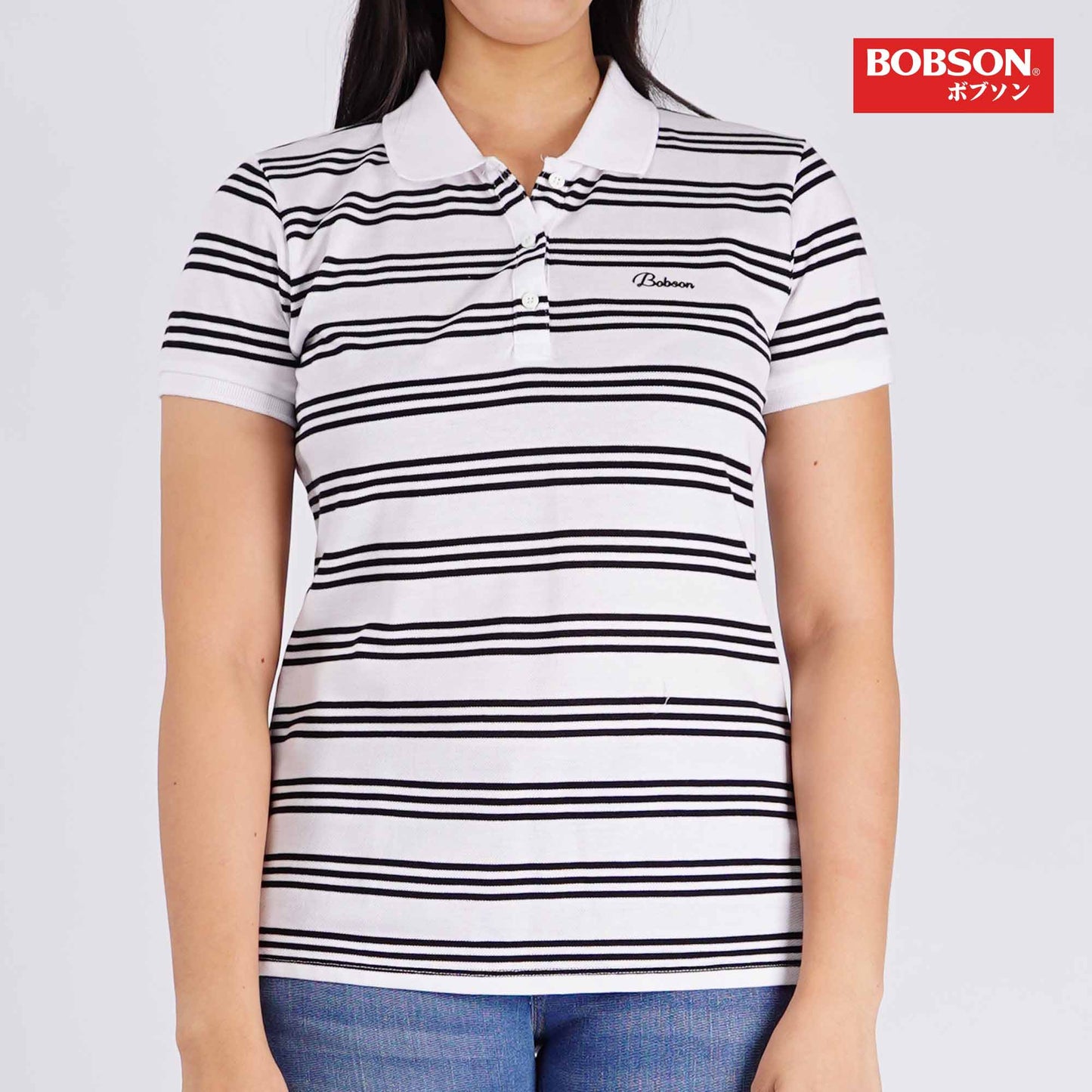 Bobson Japanese Ladies Basic Striped Collared Shirt Regular Fit 133035 (White)