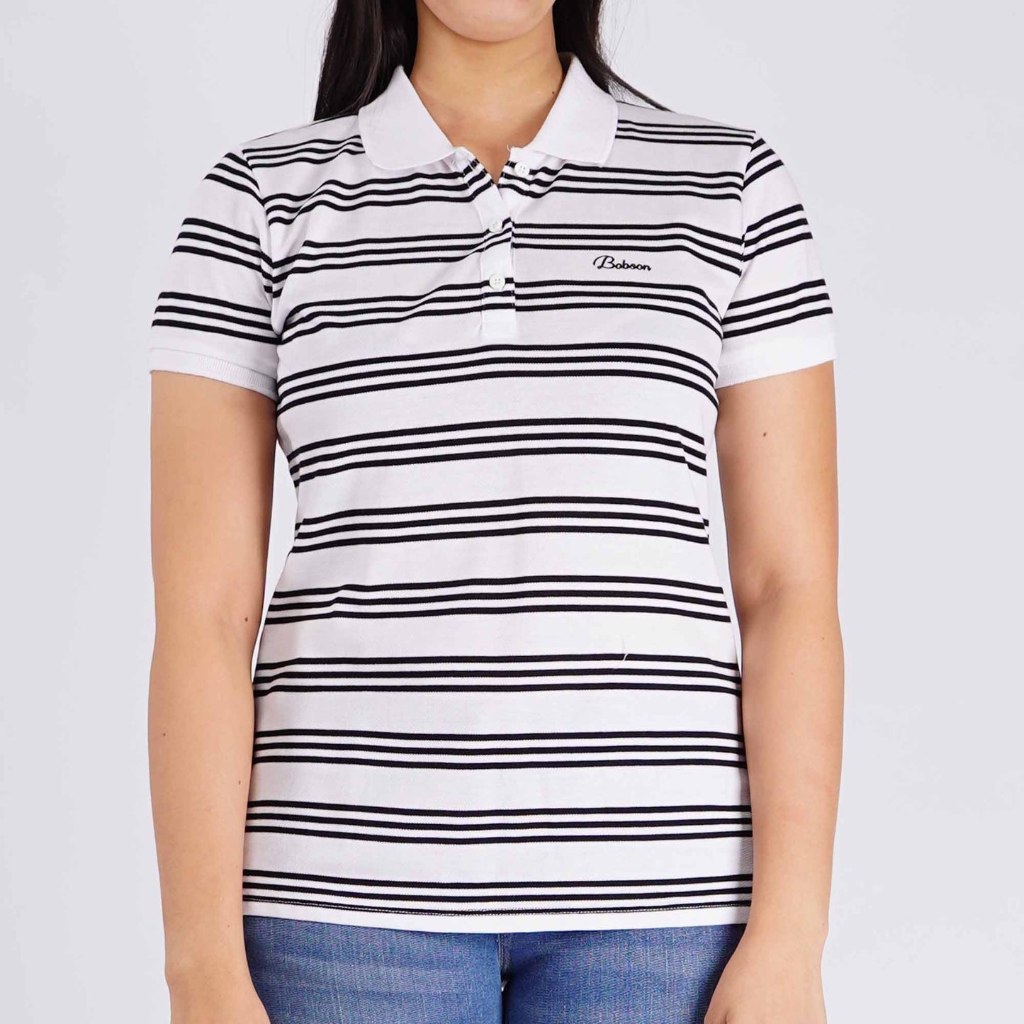 Bobson Japanese Ladies Basic Striped Collared Shirt Regular Fit 133035 (White)