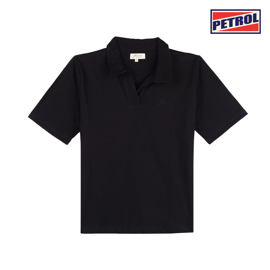 Petrol Basic Collared Shirt for Ladies Boxy Fitting Trendy fashion Casual Top Black Polo shirt for Ladies 141766 (Black)