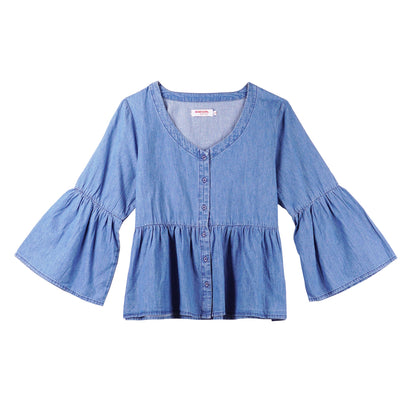 Bobson Japanese Ladies Basic Woven Blouse Regular Fit 142734 (Medium Wash)