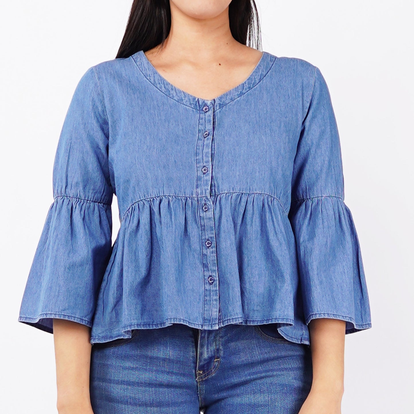 Bobson Japanese Ladies Basic Woven Blouse Regular Fit 142734 (Medium Wash)