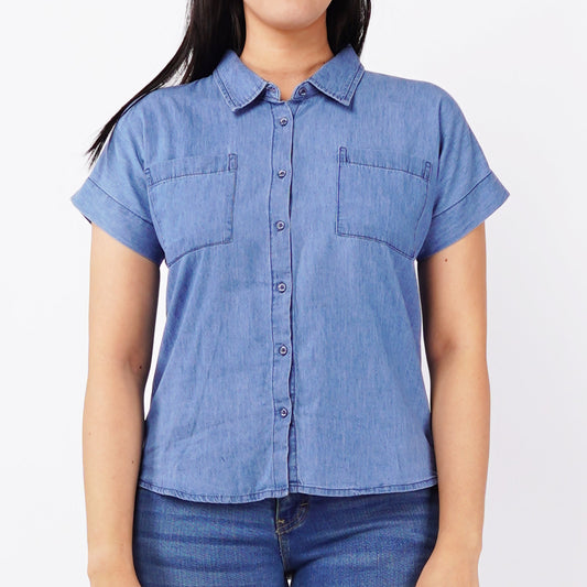 Bobson Japanese Ladies Basic Woven Blouse Relaxed Fit 142771 (Medium Wash)