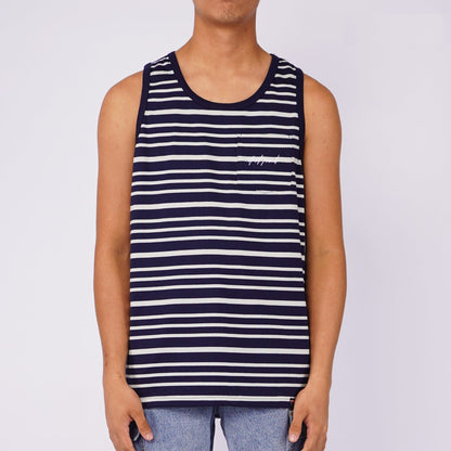 RRJ Men's Basic Tank Top Semi Body Fitting Stripes Jersey Fabric 99902 (Navy)