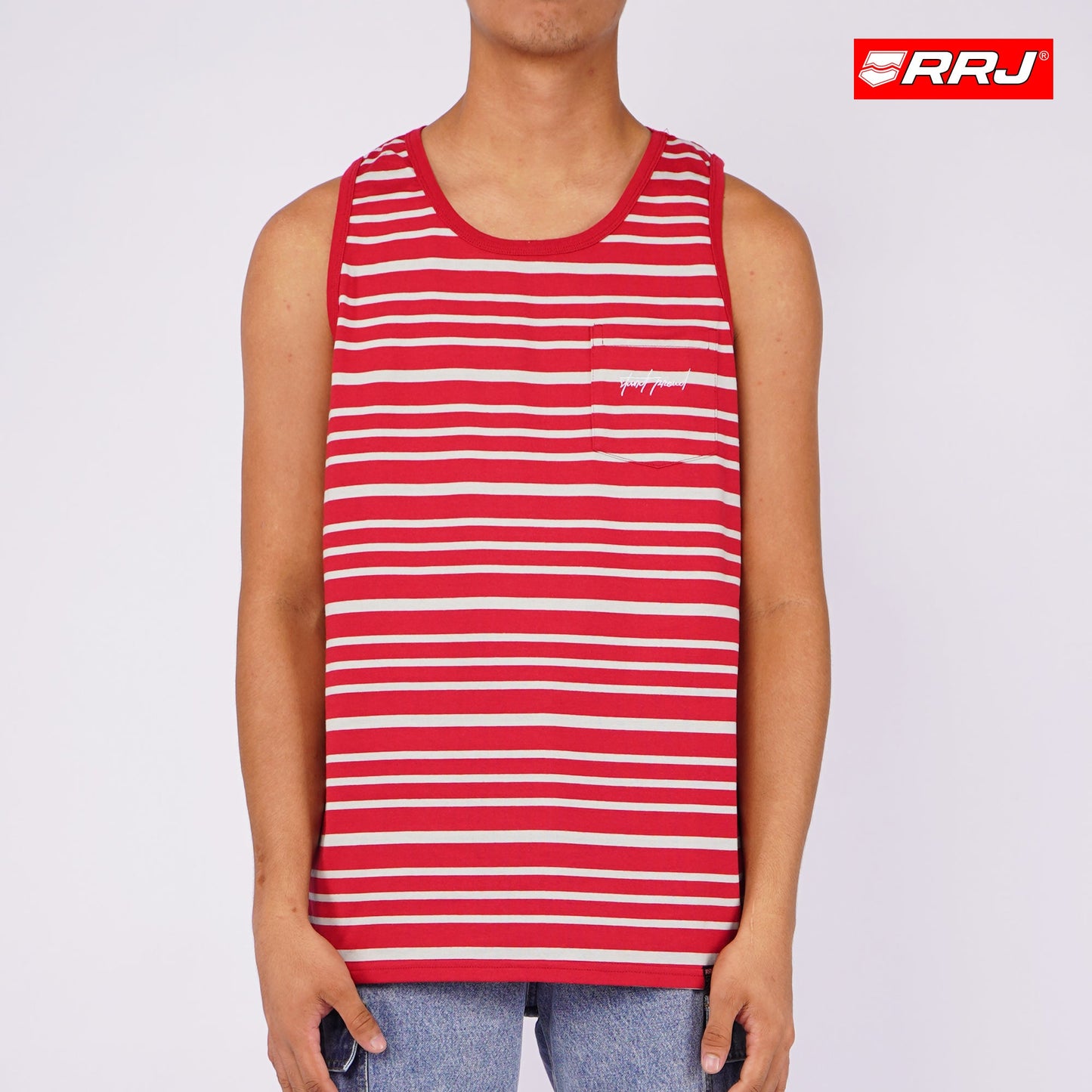 RRJ Men's Basic Tank Top Semi Body Fitting Stripes Jersey Fabric 99902 (Red)