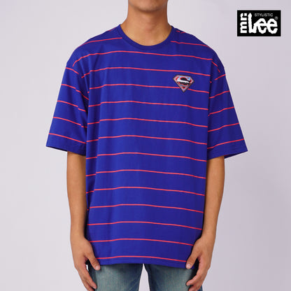 Stylistic Mr. Lee X Justice League Superman Logo Striped Men's Basic Tees Oversized Fit 132788 (Dark Blue)