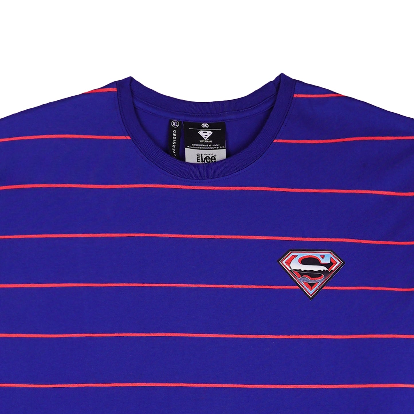 Stylistic Mr. Lee X Justice League Superman Logo Striped Men's Basic Tees Oversized Fit 132788 (Dark Blue)