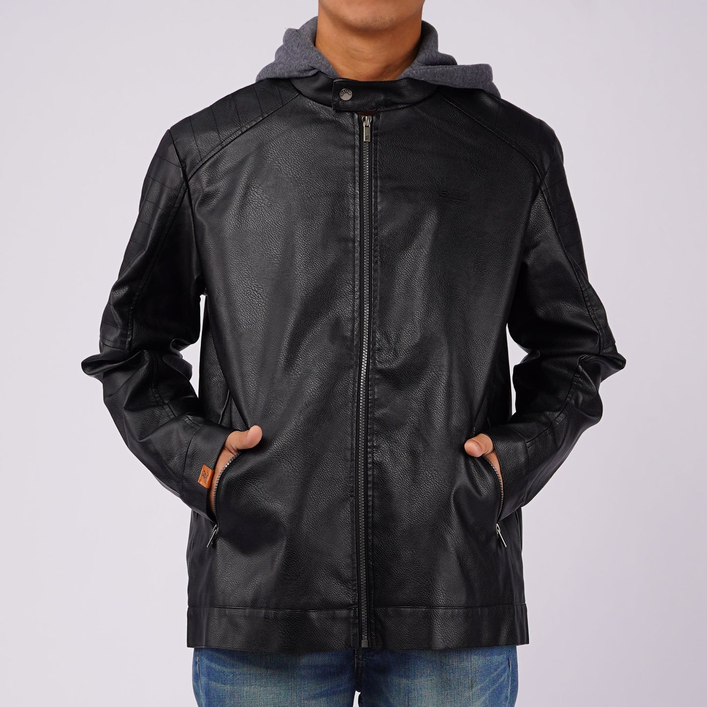 RRJ Men's Basic Hoodie Leather Jacket Regular Fitting 137606 (Black)