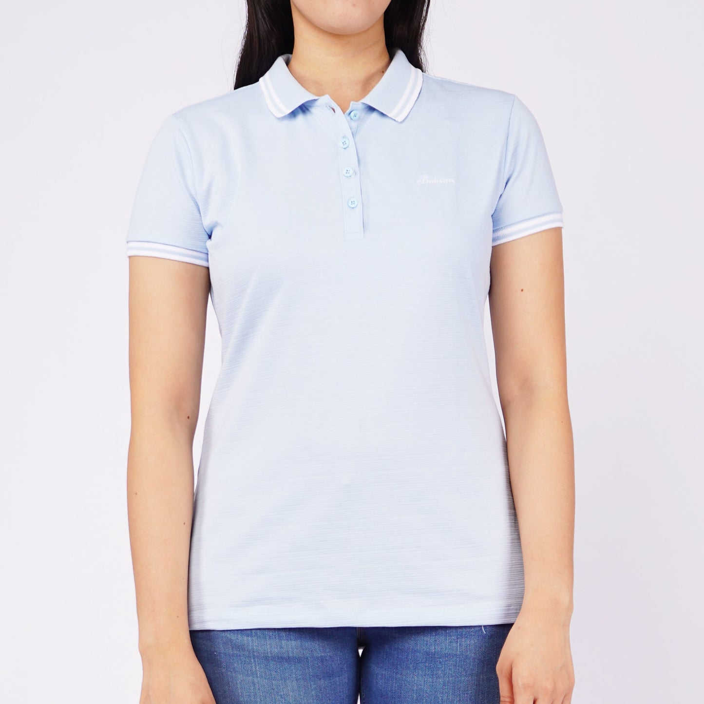 Bobson Japanese Ladies Basic Collared Shirt Missed Lycra Fabric Regular Fit 126449 (Chambray Blue)