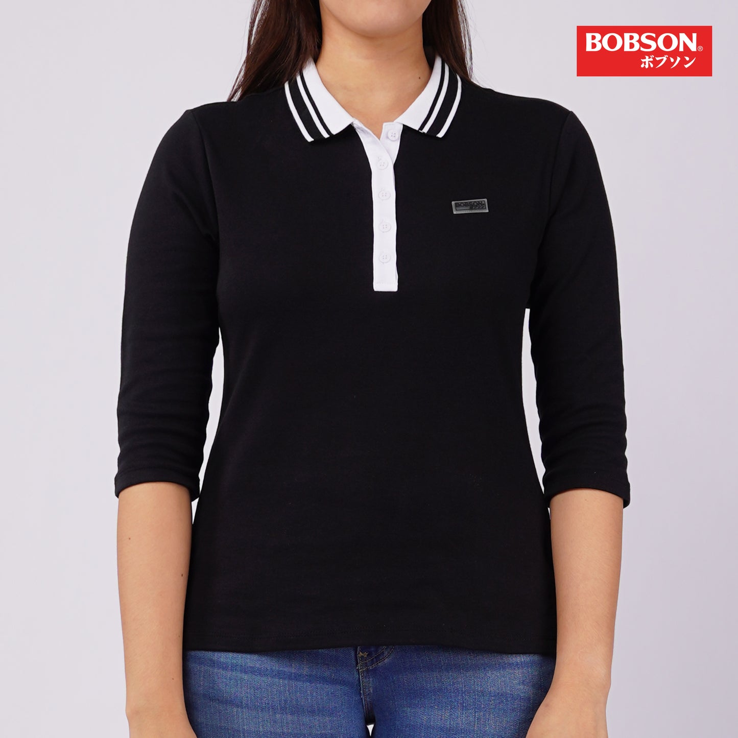 Bobson Japanese Ladies Basic Collared Shirt Slim Fit 133576 (Black)