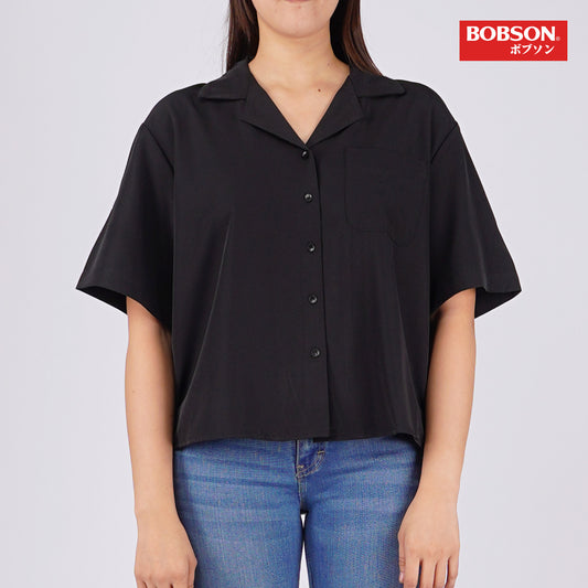 Bobson Japanese Ladies Basic Woven Shirt Button Down Boxy Fit 144239 (Black)