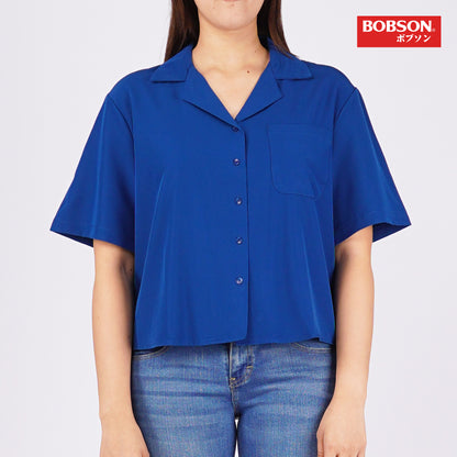 Bobson Japanese Ladies Basic Woven Shirt Button Down Boxy Fit 144239 (Poseidon)