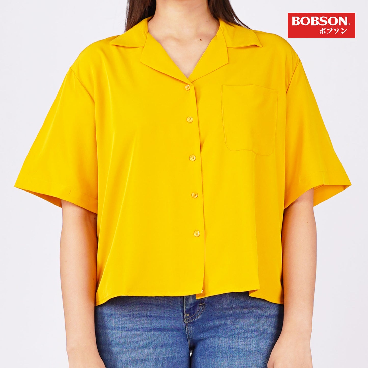 Bobson Japanese Ladies Basic Woven Shirt Button Down Boxy Fit 144239 (Yellow Gold)