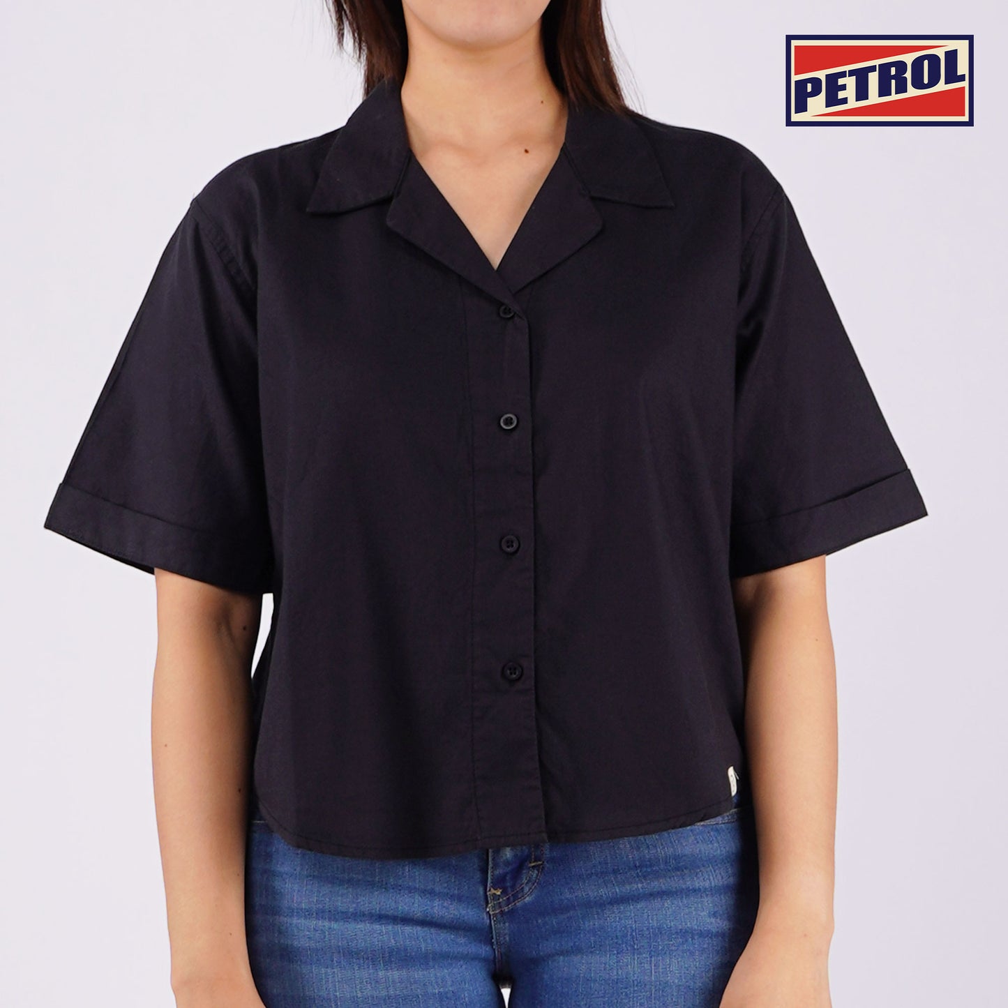 Petrol Ladies Basic Woven Regular Fitting Linen Fabric 161292 (Black)