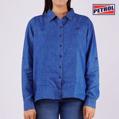 Petrol Ladies Basic Woven Loose Fitting Chambray Fabric 133986 (Medium Wash)