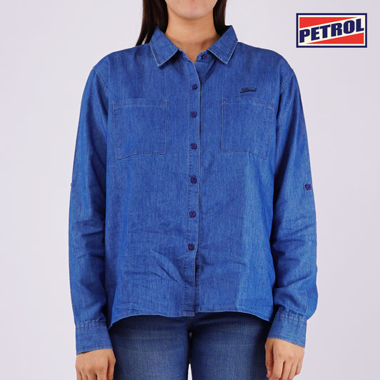 Petrol Ladies Basic Woven Loose Fitting Chambray Fabric 133986 (Medium Wash)