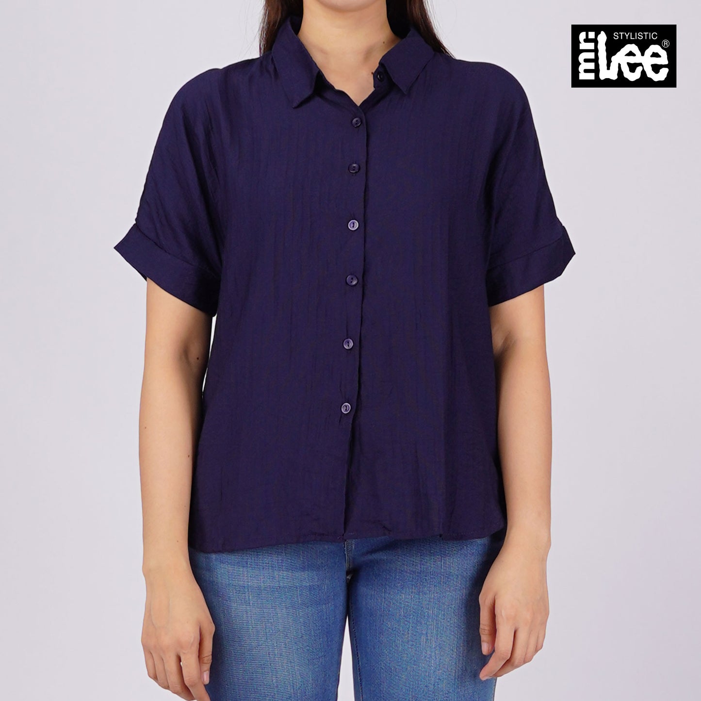 Stylistic Mr. Lee Ladies Basic Woven Shirt Button Down Boxy Fit 156294 (Blue)