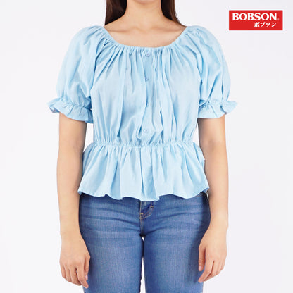 Bobson Japanese Ladies Basic Woven Shirt Crop Fit 157004 (Light Blue)