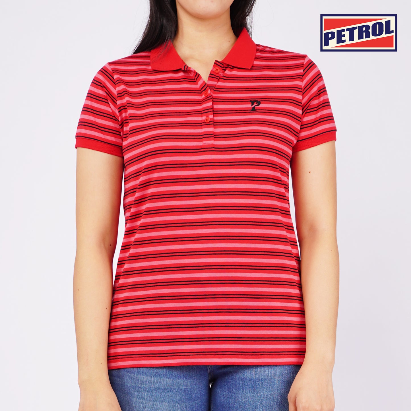 Petrol Ladies Basic Collared Shirt Regular Fitting Stripe Jersey Fabric 115319 (Scarlet)