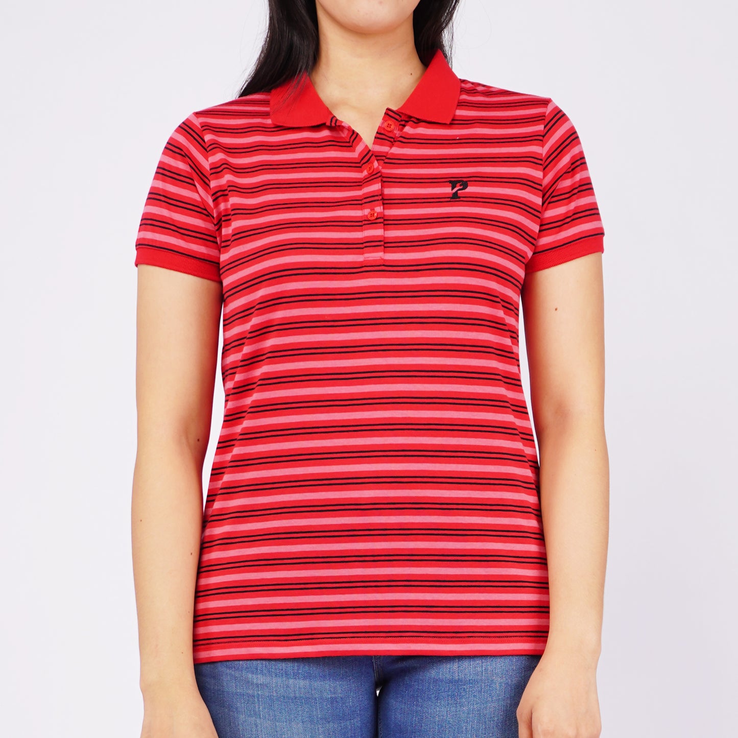 Petrol Ladies Basic Collared Shirt Regular Fitting Stripe Jersey Fabric 115319 (Scarlet)