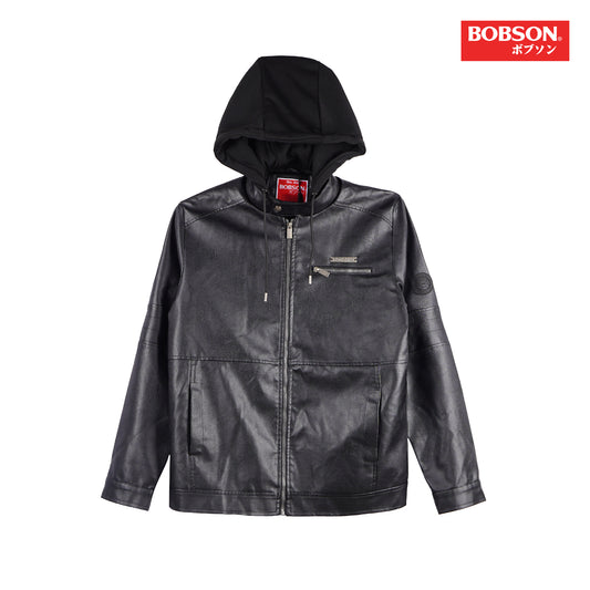 Bobson Japanese Men's Basic Leather Hoodie Jacket Regular Fit 161799 (Black)