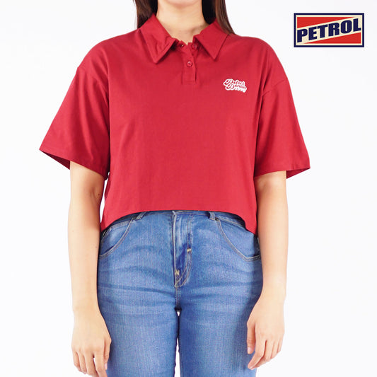 Petrol Ladies Basic Collared Shirt Oversized Fitting Cotton Jersey Fabric 153549 (Crimson)