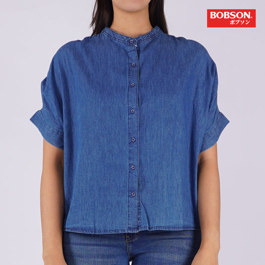 Bobson Japanese Ladies Basic Woven Shirt Relaxed Fit 154630 (Medium Wash)