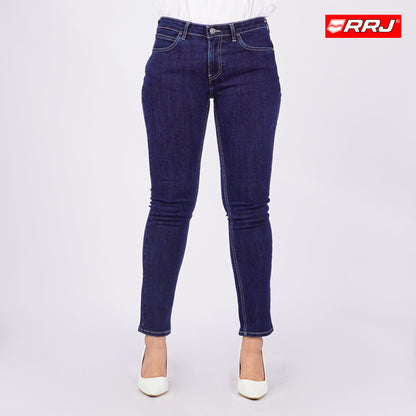 RRJ Ladies Basic Denim Pants Mid-Rise Slim Fitting Enzyme Wash Fabric 166499 (Dark Shade)