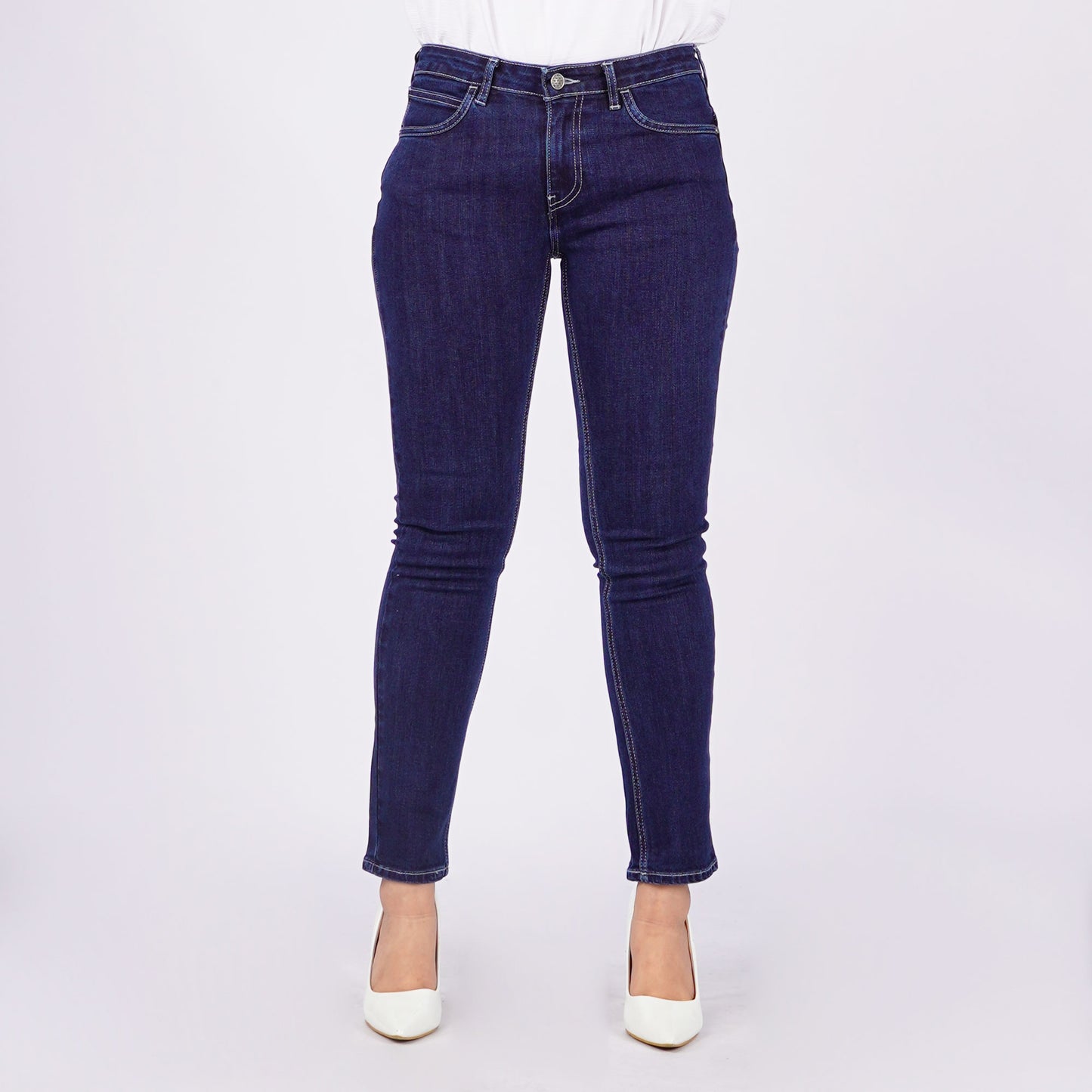 RRJ Ladies Basic Denim Pants Mid-Rise Slim Fitting Enzyme Wash Fabric 166499 (Dark Shade)