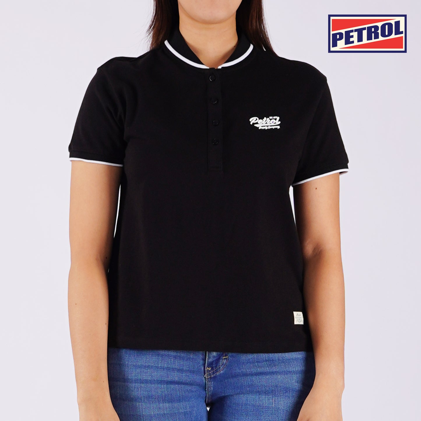 Petrol Ladies Basic Collared Shirt Boxy Fitting Lacoste Fabric 129129 (Black)