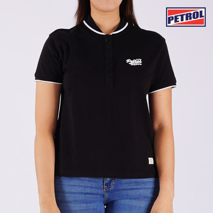 Petrol Ladies Basic Collared Shirt Boxy Fitting Lacoste Fabric 129129 (Black)