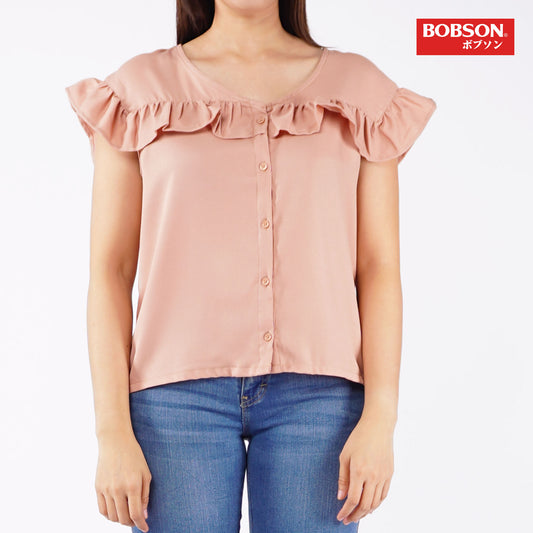 Bobson Japanese Ladies Basic Woven Shirt Boxy Fit 155596 (Peach)