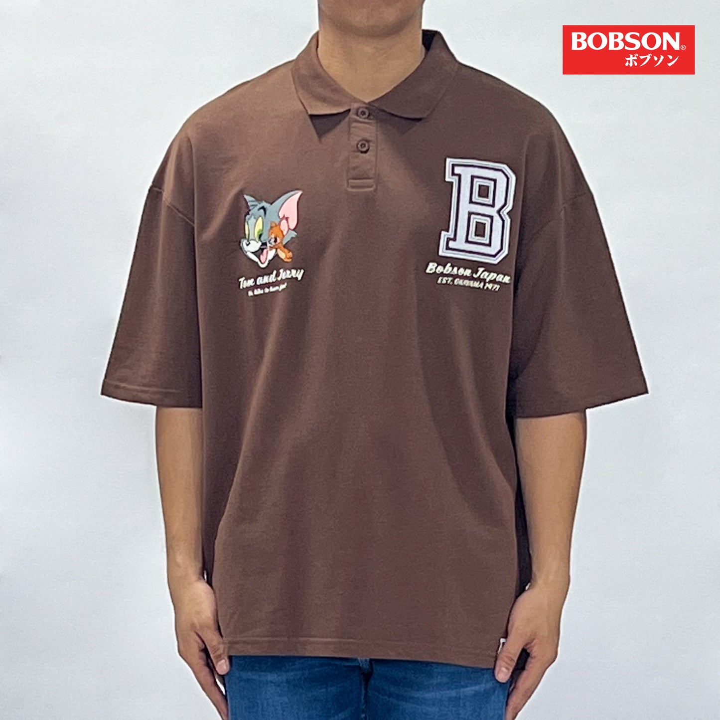 Bobson Japanese X Tom and Jerry Men's Basic Collared Shirt Oversized Fitting 168698 (Choco Brown)