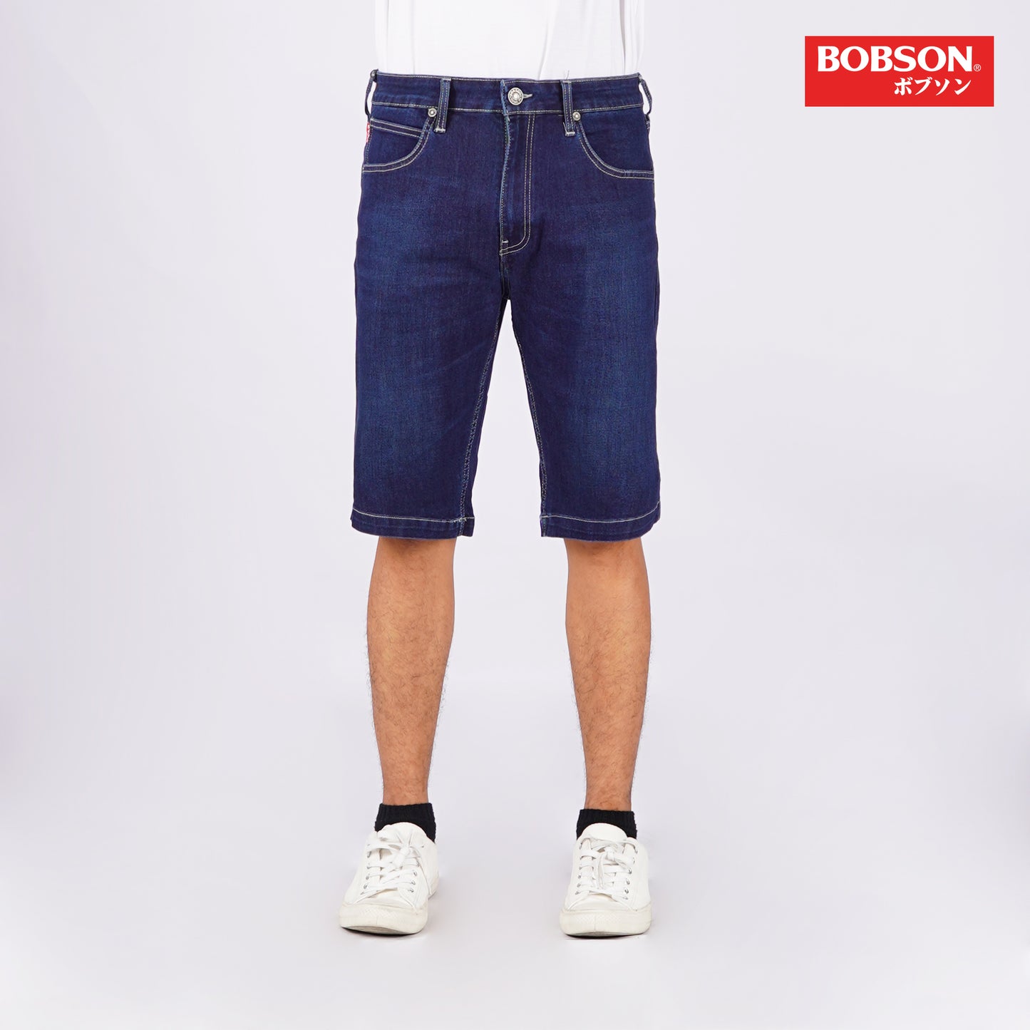 Bobson Japanese Men's Basic Denim Tapered Short Mid Waist 165626 (Dark Shade)