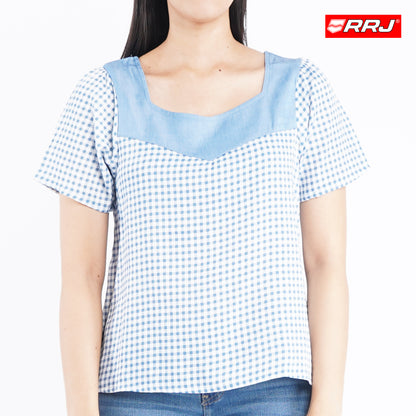 RRJ Ladies' Modified Woven Boxy Fitting Blouse Rayon Fabric Trendy fashion Casual Top Blue Woven Blouse for Ladies 128309 (Blue)