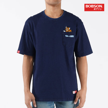 Bobson Japanese X Tom and Jerry Men's Basic Oversized Indigo Pocket T Shirt Trendy Fashion High Quality Apparel Comfortable Casual Top for Men Oversized 133495 (Dark Wash)